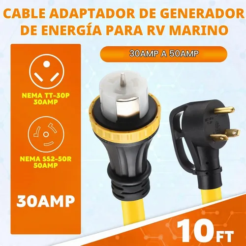 Vista 2 de Tellegloww - Cable RV de 10 pies, 30 amperios a 50 amperios, TT-30P a SS2