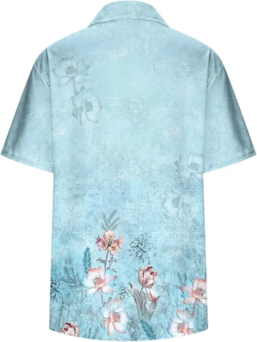 Vista 3 de Blusas florales de verano para mujer, camisas elegantes de manga corta con botones y solapa, básicas, casuales, holgadas, camisetas