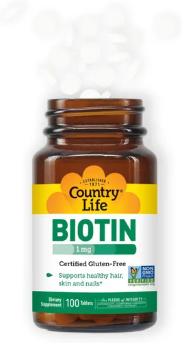 Vista 6 de Country Life Biotin 1mg apoya la salud del cabello, la piel y las uñas, 100 tabletas, certificado sin gluten, vegano, halal, verificado sin OMG