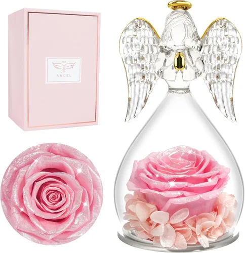 Vista 23 de Miofula Regalos para mamá, regalos de cumpleaños para mujeres, flores preservadas en figuras de ángel de cristal, flores frescas para entrega, Rosa