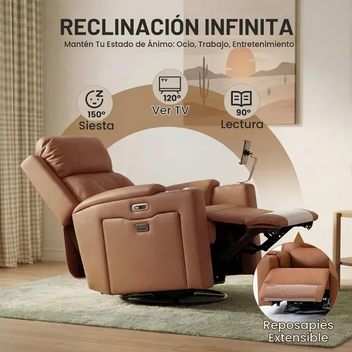 Vista 7 de Sillón reclinable giratorio eléctrico con reposacabezas y lumbar ajustables Marrón