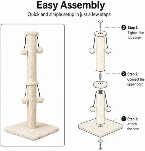 Vista 4 de Dimaka Poste rascador para gatos de 34 pulgadas, Poste rascador para gatos, Rascador para gatos grandes con pelota de juguete tentadora, Sisal Beige