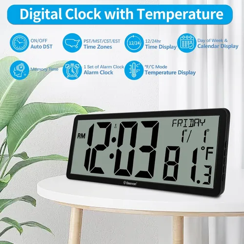 Vista 2 de Geevon Reloj de pared atómico de 14.3 pulgadas, funciona con pilas, reloj de pared digital atómico grande con temperatura y humedad interiores