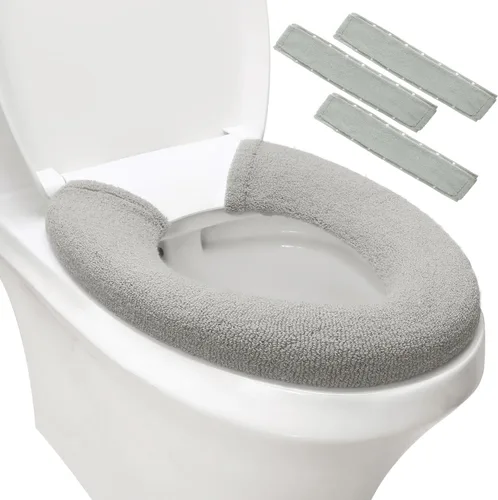 Vista 8 de Fundas de asiento de inodoro suaves y gruesas, elásticas, lavables, 3 unidades (azul, verde y gris) (gris, gris)