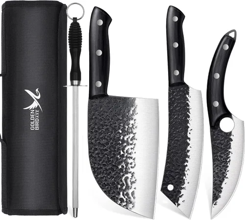 Vista 8 de Juego de cuchillos de chef japonés Golden Bird con bolsa enrollable, juego de cuchillos de carnicero forjado a mano para corte de carne, cuchillos