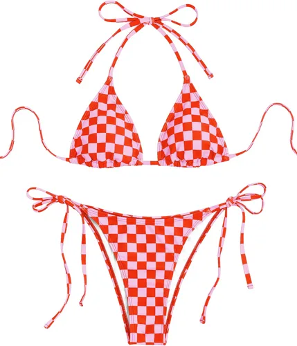 Vista 19 de ZAFUL Bikinis triangulares estampados para mujer, 2 piezas, bikini halter, traje de baño de corte alto, traje de baño con lazo lateral 0-negro a