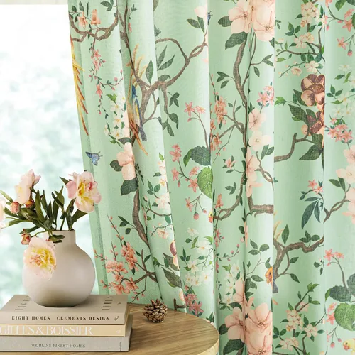 Vista 21 de Cortinas de lino de pájaro floral azul 2 paneles de 72 pulgadas de largo Aqua Blue