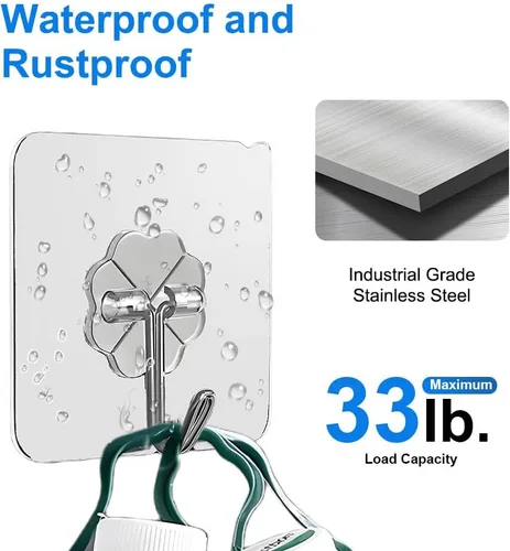 Vista 4 de Paquete de 12 ganchos autoadhesivos resistentes – transparentes, impermeables, ganchos de pared adhesivos para llaves, baño, ducha, exterior, Claro