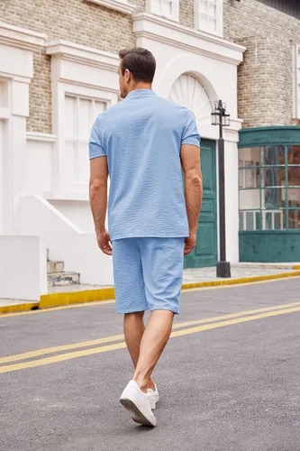 Vista 3 de COOFANDY Conjunto de lino de 2 piezas para hombre camisas casuales Henley de manga corta pantalones cortos de yoga para playa trajes de verano