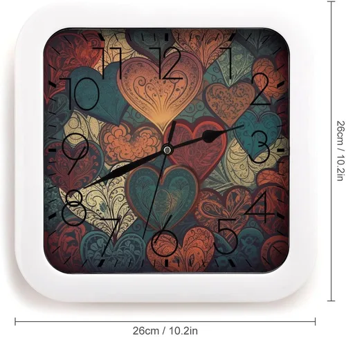 Vista 2 de 10" Square Modern Wall Clock,Different Heart Patterns Print Kitchen Clocks Wall Battery Operated,Silent Non Ticking Unique Funny Cute Wall Clock for