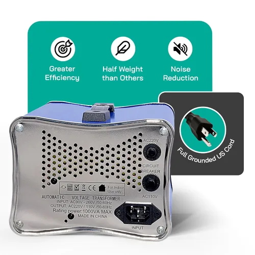 Vista 3 de LiteFuze 1000W Transformador Automático de Voltaje Paso-arriba/Paso-abajo - 110/120v a 220/240v - De Alta Resistencia – Protección de Interruptor