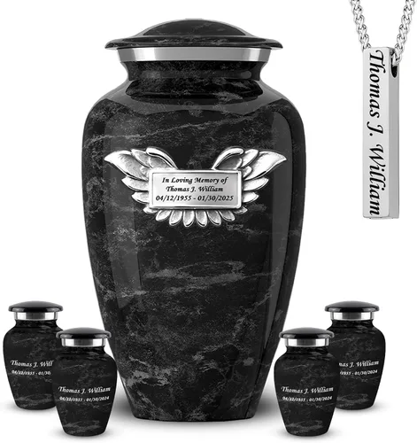 Vista 27 de Juego de 6 urnas de cremación grabadas personalizadas para cenizas humanas, incluye 1 urna grande con 4 recuerdos pequeños y 1 collar de plata