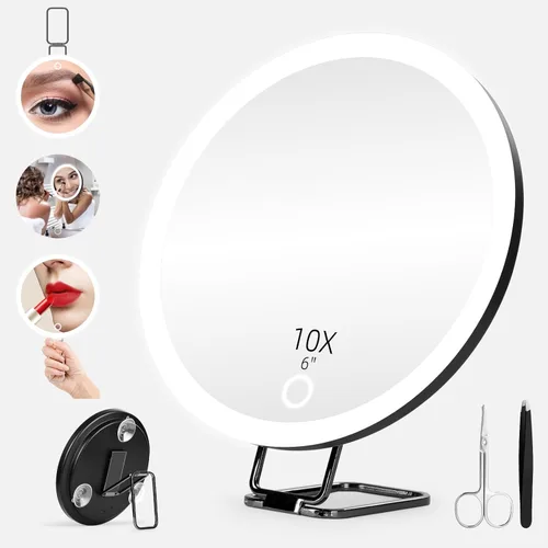 Vista 7 de Espejo de aumento de maquillaje 10X con luces, espejo aumentado de mano de Negro-10x