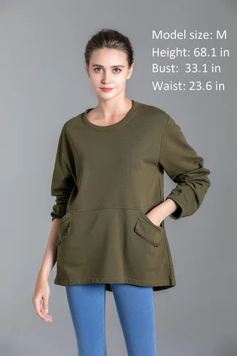 Vista 3 de Minibee Sudadera de gran tamaño con cuello redondo y manga larga de algodón con bolsillos para mujer