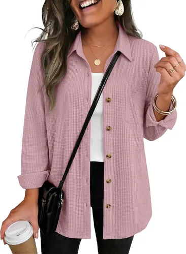 Vista 13 de Zeagoo Camisa de punto gofre para mujer, con botones, manga larga, con 01-albaricoque