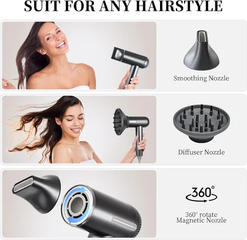 Vista 6 de Secador de pelo, secador iónico de alta velocidad de 1600 W con difusor, secador de pelo de plasma con modo facial (blanco)