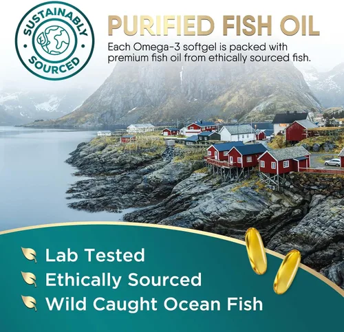 Vista 7 de Suplementos de aceite de pescado Omega 3 – 2400 mg de aceite de pescado por porción – Omega-3 de triple fuerza con ácidos grasos EPA y DHA – Apoyo