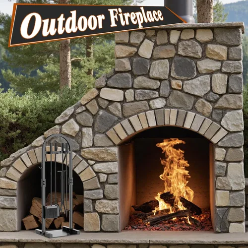 Vista 8 de FUQUN Juego de herramientas para chimenea, 5 piezas de póquer resistente con soporte, accesorios de hierro forjado para estufa de leña