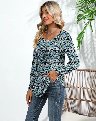 Vista 7 de Blusa plisada de manga larga abombada para mujer, cuello redondo, elegante, casual, holgada, para verano y otoño
