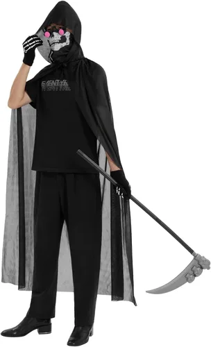 Vista 7 de Lizxun Disfraz de capa de Halloween para niños y adultos, bata de la muerte con ojos rojos brillantes, guadaña, ropa de cara, guantes