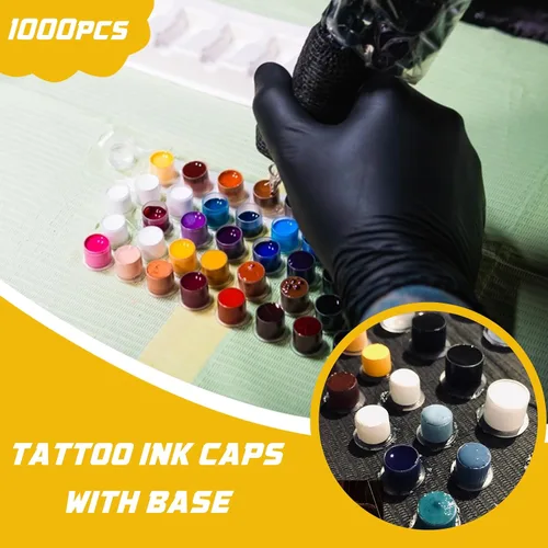 Vista 2 de 300 tapas de tinta para tatuaje, 300 tapas de tinta mezcladas, vasos desechables de tinta para tatuajes con base, 100 pequeños, 100 medios, 100