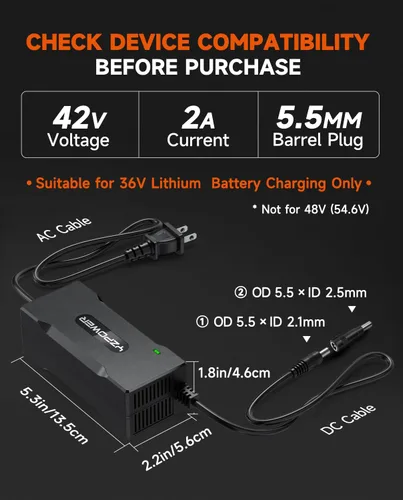Vista 4 de Cargador de 42 V 2 A para scooter eléctrico Gotrax, compatible con GXL V2 G4 Apex XR Elite, compatible con Hiboy S2 S2 Pro KS4, Hover-1 Journey