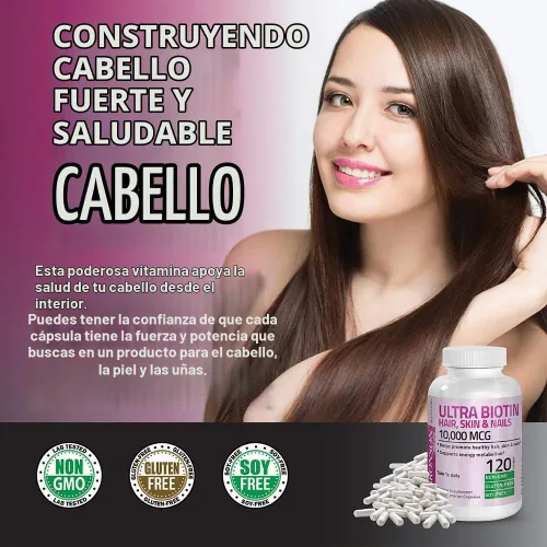 Vista 4 de Bronson Ultra Biotina 10,000 Mcg Suplemento para Cabello, Piel y Uñas, Sin GMO, 120 Cápsulas Vegetarianas Una vez al día, apoyo al metabolismo