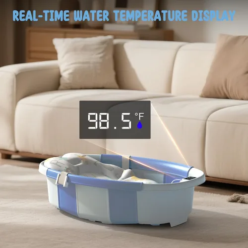Vista 3 de TOSGN Bañera plegable para bebé, 3 segundos para instalar, bañera para bebé con cojín suave y termómetro, bañera para recién nacidos de 0 a 36 Azul