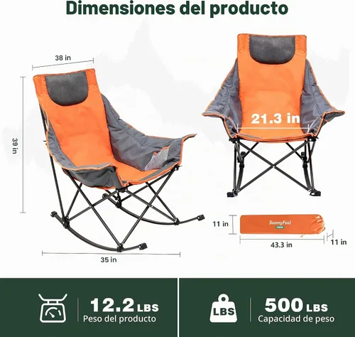 Vista 3 de SUNNYFEEL Silla mecedora de camping de gran tamaño, silla de patio totalmente acolchada con bolsillo lateral, sillón reclinable portátil de césped