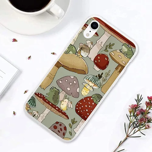 Vista 2 de Funda para teléfono con diseño de hongos y rana para iPhone XR, bonita funda protectora de TPU a prueba de golpes con diseño de rana y hongos