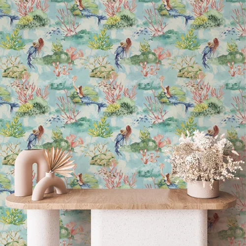 Vista 5 de Tempaper Blue Mermaid Toile - Papel tapiz removible para despegar y pegar, 20.5 pulgadas x 16.5 pies, fabricado en los Estados Unidos, vidrio marino