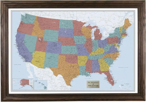 Vista 45 de Push Pin Travel Maps Lienzo personalizado Blue Oceans USA con marco gris de madera de granero