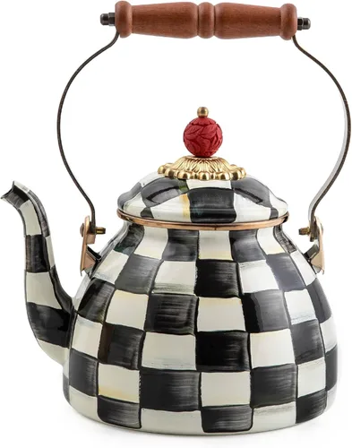 Vista 12 de MACKENZIE-CHILDS Tetera esmaltada, elegante tetera para estufa, cuadros cortesanos en blanco y negro, 3 cuartos de galón color fantasía