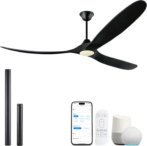 Vista 9 de Ventilador de techo inteligente negro de 52 pulgadas con luces, ventilador de techo para exteriores para patio, ventilador de techo de 3 aspas