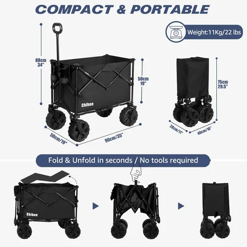 Vista 6 de Chihee Carro plegable de playa, carrito de jardín resistente con 2 portavasos, carrito de campamento para ruedas todo terreno con sistema de Negro
