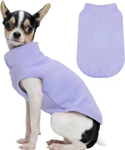 Vista 14 de FUAMEY Chaleco de forro polar para perros pequeños, sudaderas cálidas y elásticas para perros con agujero para correa, suéter suave de cuello alto
