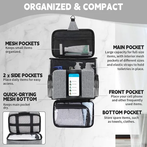 Vista 3 de Funambulist Carrito de ducha de gran capacidad portátil para dormitorio, esencial para estudiantes universitarios, niñas/chicos (gris)