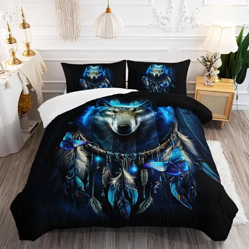 Vista 10 de AILONEN Juego de edredón con cabeza de lobo impresa tamaño individual, juego de ropa de cama de lobo para la noche para niños y hombres, juego