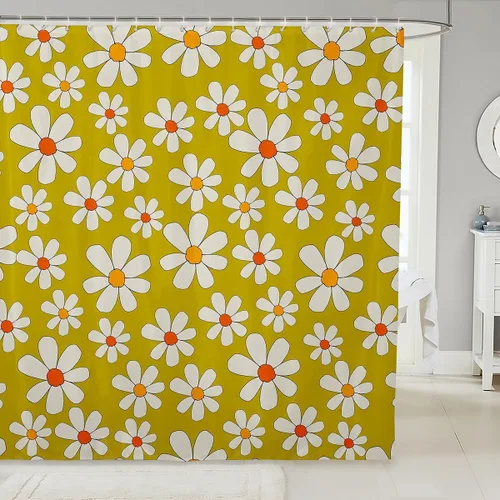 Vista 8 de Castle Fairy Cortina de baño de flores retro, cortina de ducha de baño con flores amarillas y verdes, cortina de ducha para niños y niños, tela