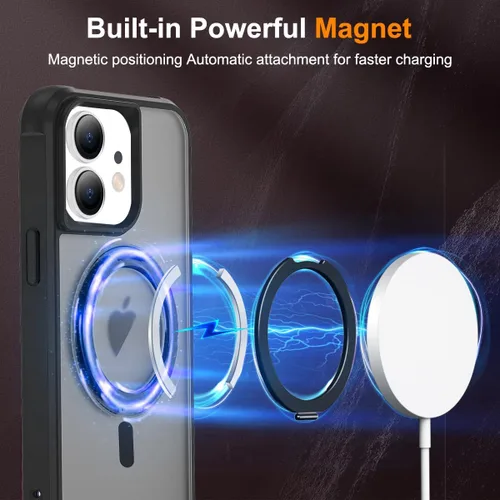 Vista 3 de Funda para iPhone 11 de 6.1 pulgadas con soporte de anillo magnético giratorio de 360°, compatible con MagSafe ligera y translúcida mate, funda