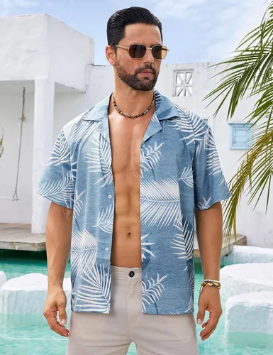 Vista 2 de BOJIN Camisas hawaianas de manga corta con botones para hombre, camisas casuales de verano, estampado floral tropical, camisas de playa Aloha