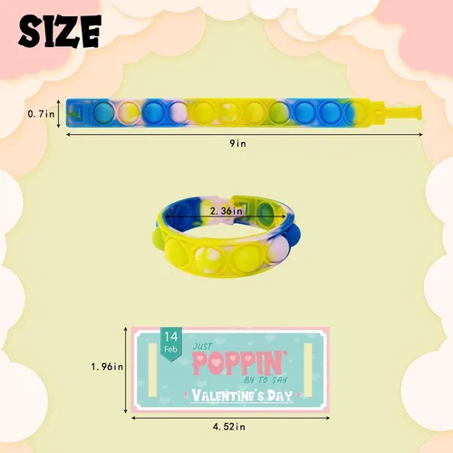Vista 2 de 24 pulseras para el día de San Valentín con 24 tarjetas, juguetes para ansiedad de burbujas multicolor para la escuela, pulsera Pop Fidget Fidget