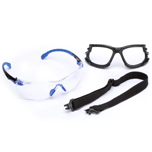Vista 6 de Paquete de gafas de seguridad 3M, S1101SGAF, ANSI Z87, lente transparente antivaho Scotchgard, marco azul/negro de perfil bajo + tapones