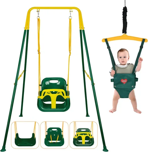 Vista 13 de Juego de columpio 4 en 1 para niños pequeños y jersey para bebé, columpio resistente para niños con rebotador, soporte plegable de metal