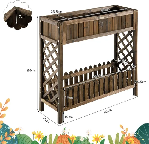 Vista 9 de S AFSTAR Cama de jardín elevada de 2 niveles, cama de flores para interiores y exteriores con valla de estante inferior, caja elevada de madera