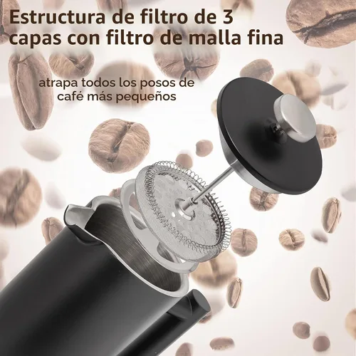Vista 3 de Mixpresso Cafetera de Prensa Francesa de Acero Inoxidable Negro 26 Oz 770 ml, Prensa Francesa de Acero Inoxidable con Aislamiento de Doble Pared