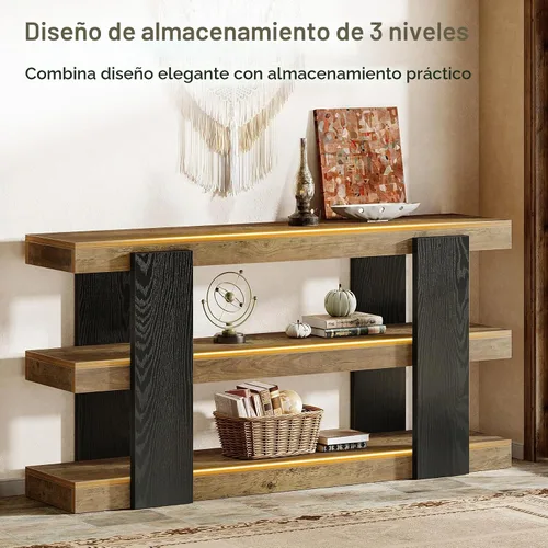 Vista 6 de Tribesigns Mesa consola de 63 pulgadas de largo, mesa de entrada de 3 niveles con almacenamiento, mesas de madera de granja detrás del sofá