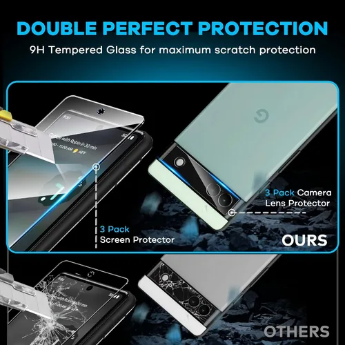 Vista 4 de AACL [Paquete de 3+3] Protector de pantalla de vidrio templado para Google Pixel 6a 5G de 6.1 pulgadas [2022] con protector de lente de cámara