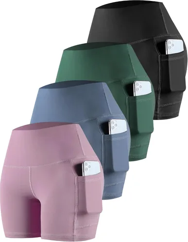 Vista 58 de CHRLEISURE - Pantalones cortos de ciclismo para mujer con bolsillos de licra, cintura alta, con control de abdomen para entrenamiento, yoga