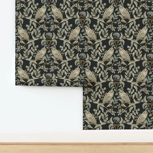 Vista 4 de Muestro de papel tapiz extraíble – Little Owl Damask William Morris Farmhouse Arts and Crafts Birds of Rapy, papel tapiz de transición verde suave